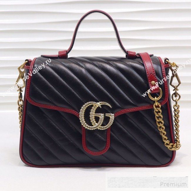 Gucci GG Diagonal Marmont Leather Small Top Handle Bag 498110 Black/Red 2019 (MINGH-9061108)