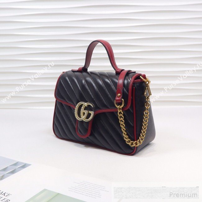 Gucci GG Diagonal Marmont Leather Small Top Handle Bag 498110 Black/Red 2019 (MINGH-9061108)
