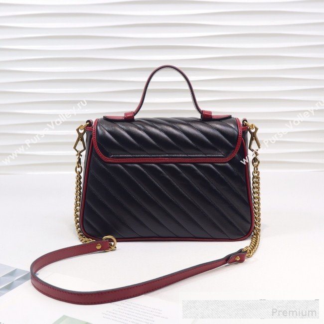 Gucci GG Diagonal Marmont Leather Small Top Handle Bag 498110 Black/Red 2019 (MINGH-9061108)