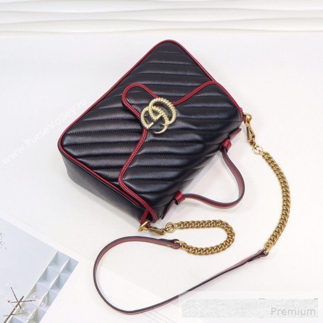 Gucci GG Diagonal Marmont Leather Small Top Handle Bag 498110 Black/Red 2019 (MINGH-9061108)