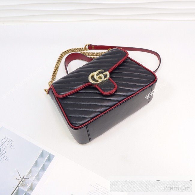 Gucci GG Diagonal Marmont Leather Small Top Handle Bag 498110 Black/Red 2019 (MINGH-9061108)
