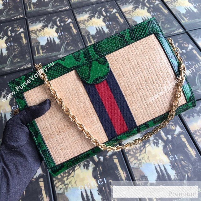 Gucci Ophidia Straw Small Shoulder Bag with Snakeskin Trim Beige/Green 2019 (DLH-9061111)