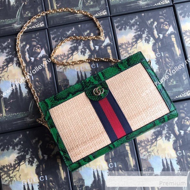 Gucci Ophidia Straw Small Shoulder Bag with Snakeskin Trim Beige/Green 2019 (DLH-9061111)