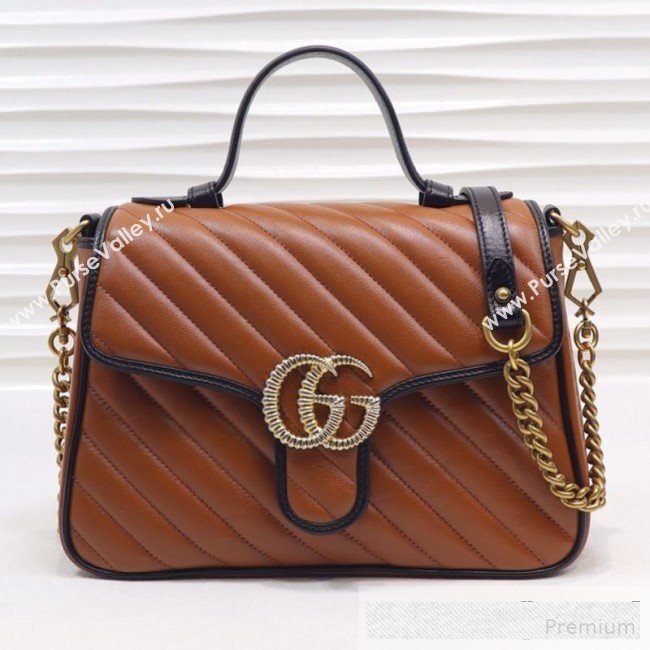 Gucci GG Diagonal Marmont Leather Small Top Handle Bag 498110 Cognac Brown/Black 2019 (MINGH-9061109)
