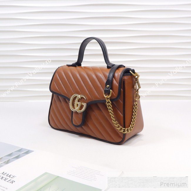 Gucci GG Diagonal Marmont Leather Small Top Handle Bag 498110 Cognac Brown/Black 2019 (MINGH-9061109)