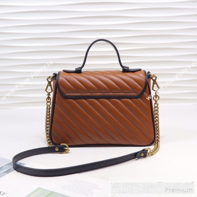 Gucci GG Diagonal Marmont Leather Small Top Handle Bag 498110 Cognac Brown/Black 2019 (MINGH-9061109)