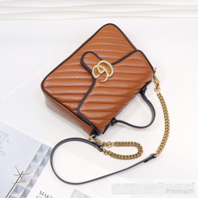 Gucci GG Diagonal Marmont Leather Small Top Handle Bag 498110 Cognac Brown/Black 2019 (MINGH-9061109)
