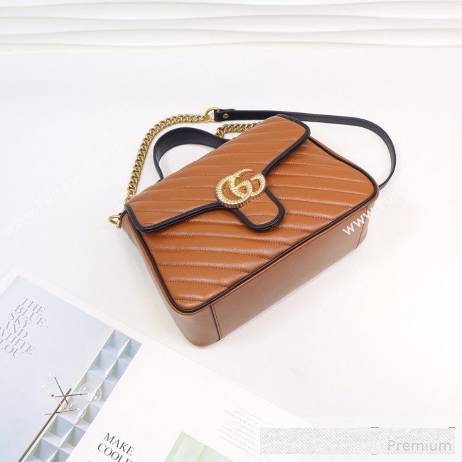 Gucci GG Diagonal Marmont Leather Small Top Handle Bag 498110 Cognac Brown/Black 2019 (MINGH-9061109)