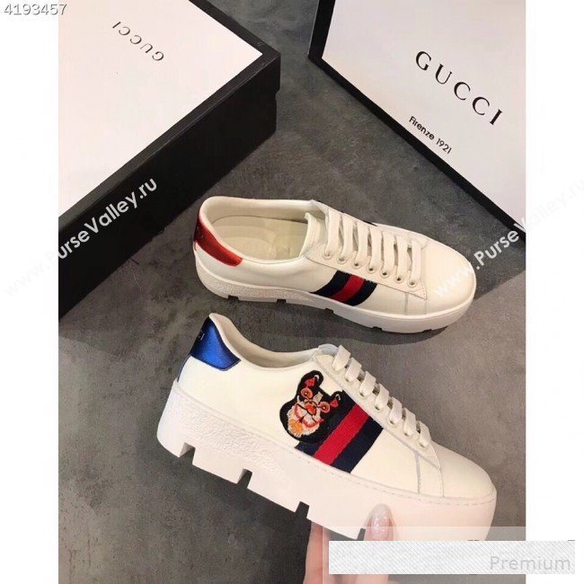 Gucci Ace White Calfskin Dog Embroidered Platform Sneaker 577573 2019 (EM-9061214)