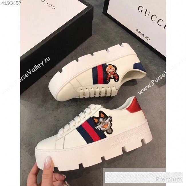 Gucci Ace White Calfskin Dog Embroidered Platform Sneaker 577573 2019 (EM-9061214)