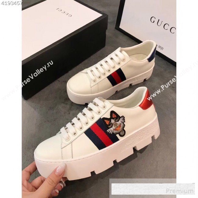 Gucci Ace White Calfskin Dog Embroidered Platform Sneaker 577573 2019 (EM-9061214)