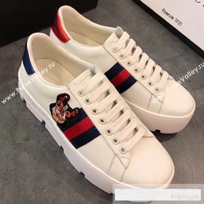 Gucci Ace White Calfskin Dog Embroidered Platform Sneaker 577573 2019 (EM-9061214)