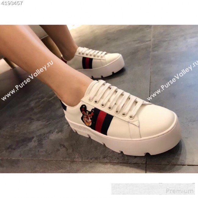Gucci Ace White Calfskin Dog Embroidered Platform Sneaker 577573 2019 (EM-9061214)