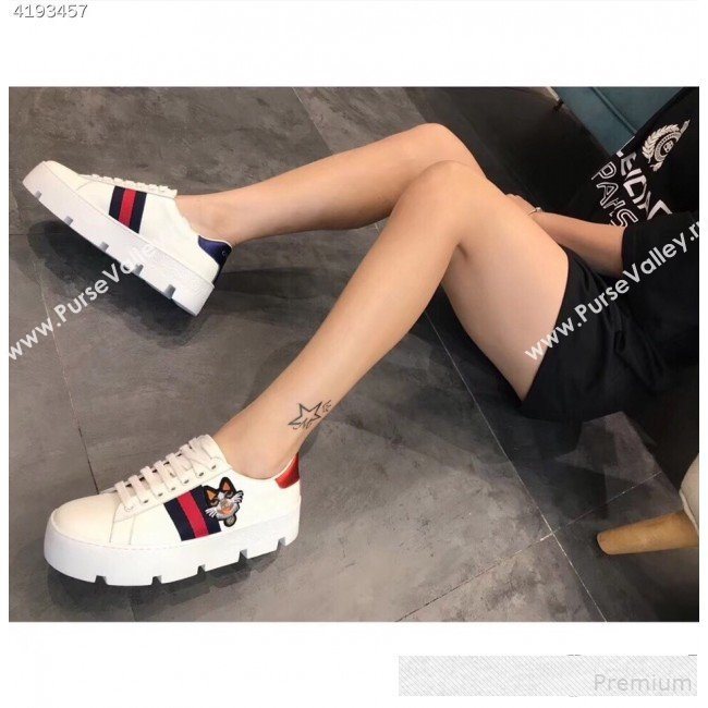 Gucci Ace White Calfskin Dog Embroidered Platform Sneaker 577573 2019 (EM-9061214)