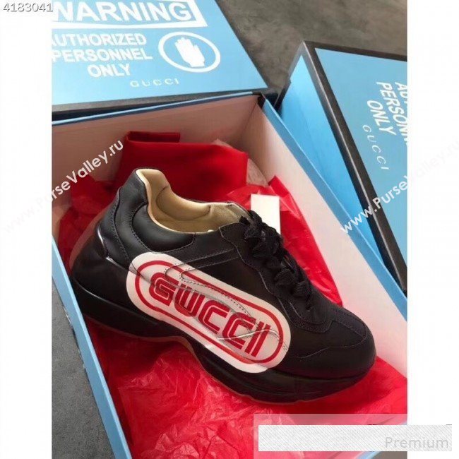 Gucci Rhyton Gucci Print Leather Sneakers 523609 Black 2019(For Women and Men) (EM-9061247)