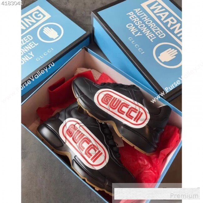 Gucci Rhyton Gucci Print Leather Sneakers 523609 Black 2019(For Women and Men) (EM-9061247)
