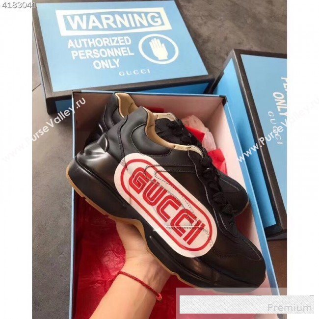 Gucci Rhyton Gucci Print Leather Sneakers 523609 Black 2019(For Women and Men) (EM-9061247)