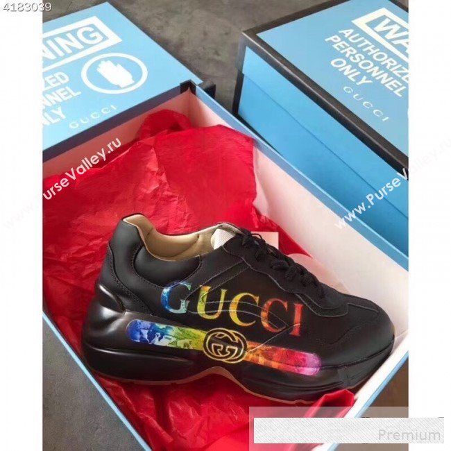Gucci Rhyton Leather Sneakers with Gucci Logo 552851 Black 2019(For Women and Men) (EM-9061249)