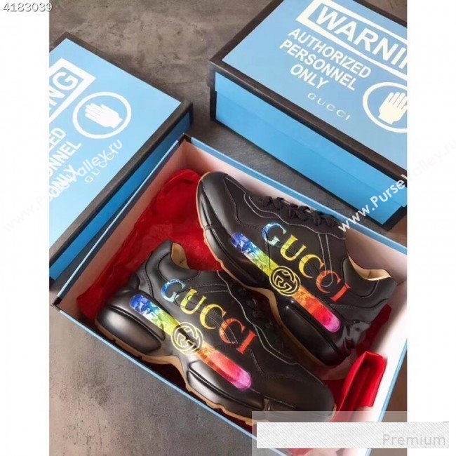 Gucci Rhyton Leather Sneakers with Gucci Logo 552851 Black 2019(For Women and Men) (EM-9061249)