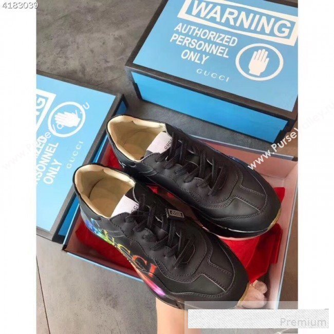Gucci Rhyton Leather Sneakers with Gucci Logo 552851 Black 2019(For Women and Men) (EM-9061249)