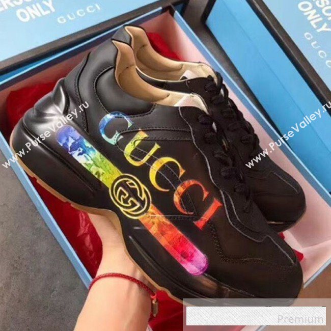 Gucci Rhyton Leather Sneakers with Gucci Logo 552851 Black 2019(For Women and Men) (EM-9061249)