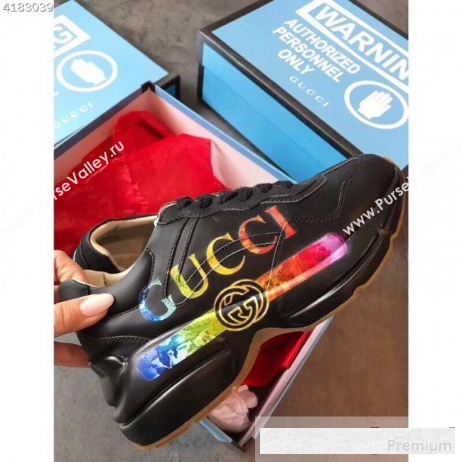 Gucci Rhyton Leather Sneakers with Gucci Logo 552851 Black 2019(For Women and Men) (EM-9061249)