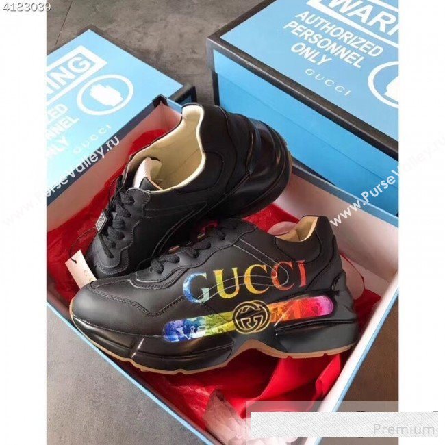 Gucci Rhyton Leather Sneakers with Gucci Logo 552851 Black 2019(For Women and Men) (EM-9061249)