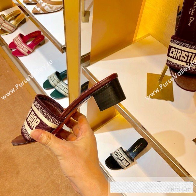 Dior Dway Embroidered Cotton Heel Mule Slide Sandals Burgundy 2019 (SIYA-9061256)