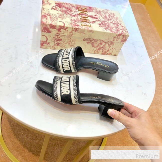 Dior Dway Embroidered Cotton Heel Mule Slide Sandals Black 2019 (SIYA-9061257)