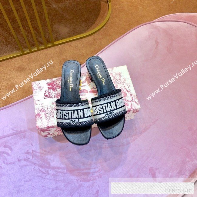 Dior Dway Embroidered Cotton Heel Mule Slide Sandals Black 2019 (SIYA-9061257)