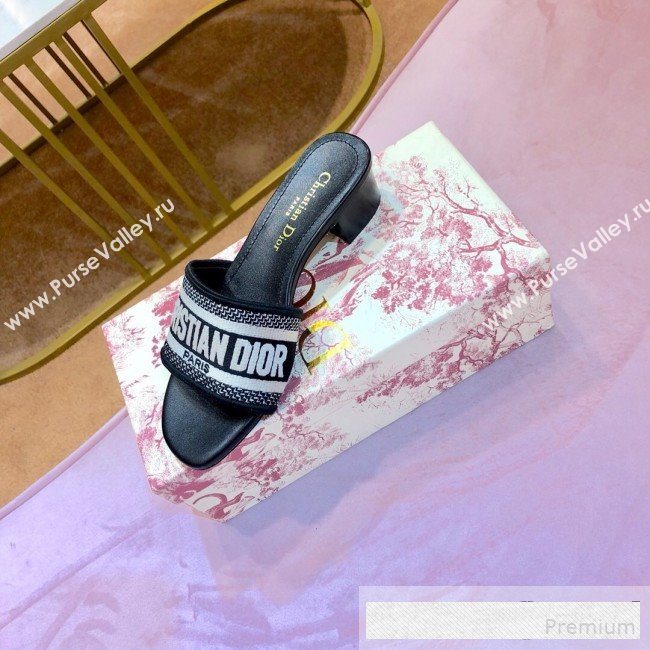 Dior Dway Embroidered Cotton Heel Mule Slide Sandals Black 2019 (SIYA-9061257)