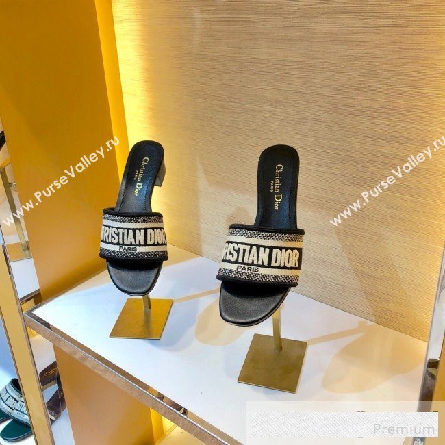 Dior Dway Embroidered Cotton Heel Mule Slide Sandals Black 2019 (SIYA-9061257)