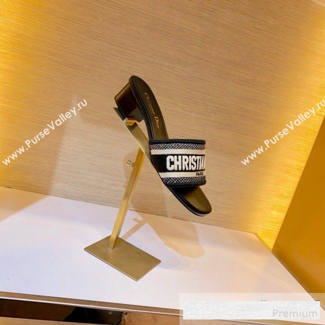Dior Dway Embroidered Cotton Heel Mule Slide Sandals Black 2019 (SIYA-9061257)