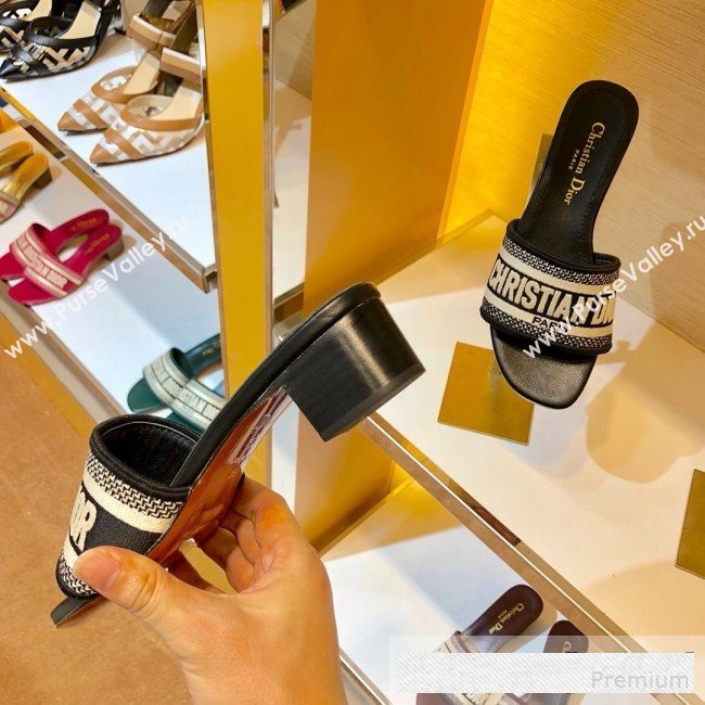 Dior Dway Embroidered Cotton Heel Mule Slide Sandals Black 2019 (SIYA-9061257)