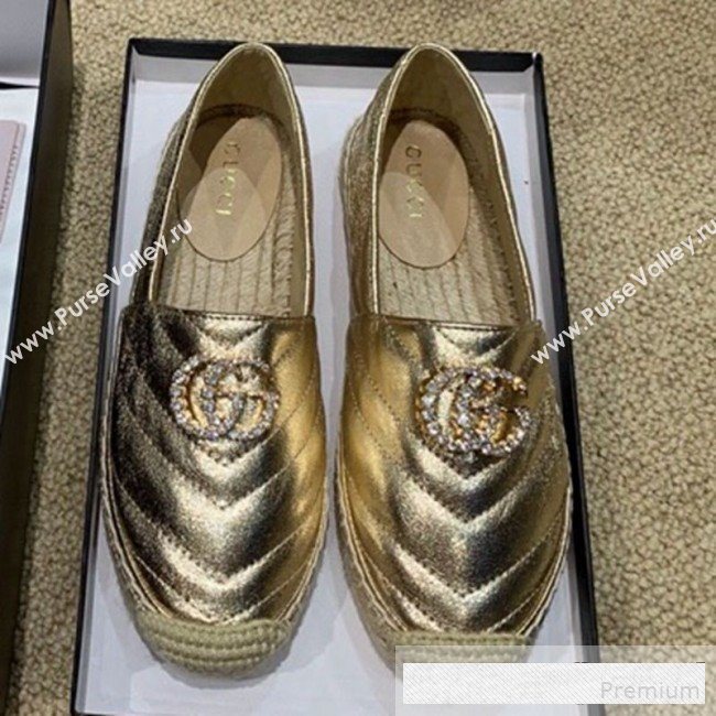 Gucci Chevron Lambskin Espadrille with Double Crystal G Light Gold 2019 (HANB-9061267)