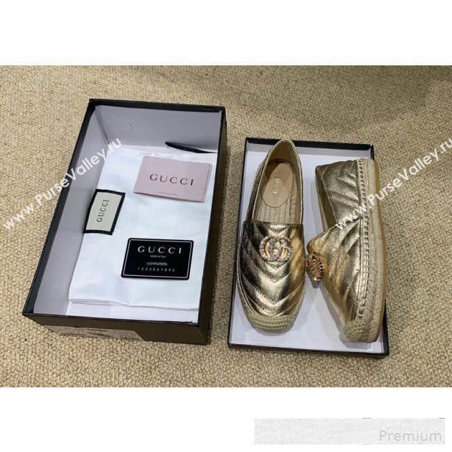 Gucci Chevron Lambskin Espadrille with Double Crystal G Light Gold 2019 (HANB-9061267)