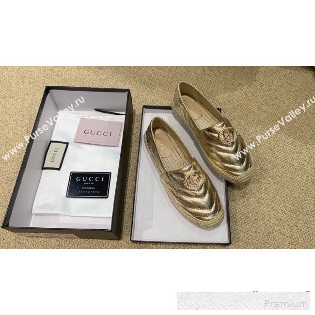 Gucci Chevron Lambskin Espadrille with Double Crystal G Light Gold 2019 (HANB-9061267)