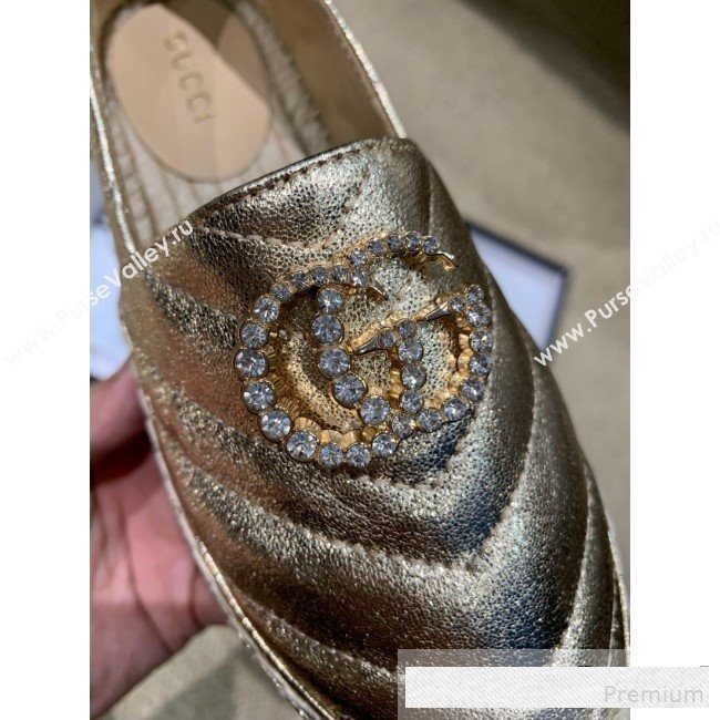 Gucci Chevron Lambskin Espadrille with Double Crystal G Light Gold 2019 (HANB-9061267)