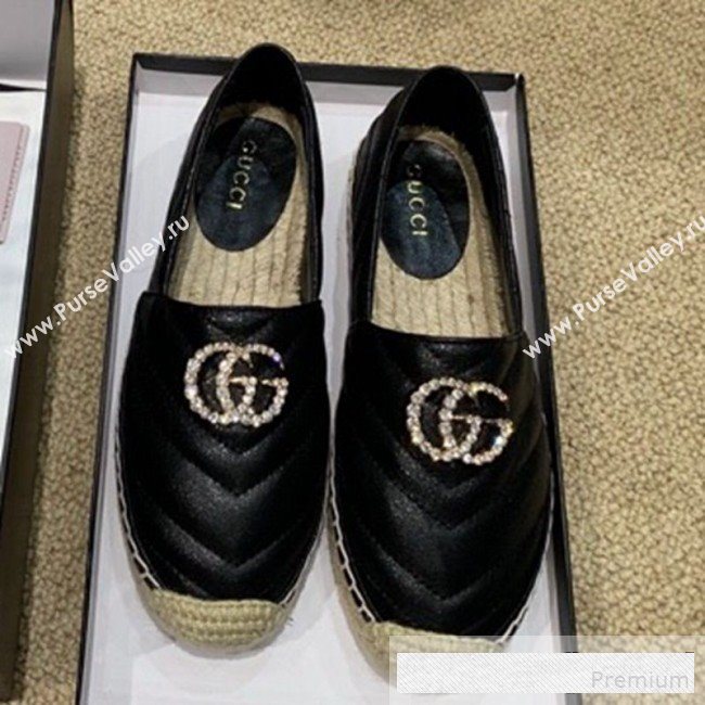 Gucci Chevron Lambskin Espadrille with Double Crystal G Black 2019 (HANB-9061268)