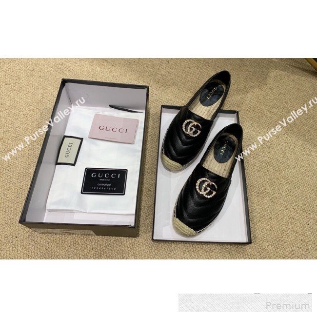 Gucci Chevron Lambskin Espadrille with Double Crystal G Black 2019 (HANB-9061268)