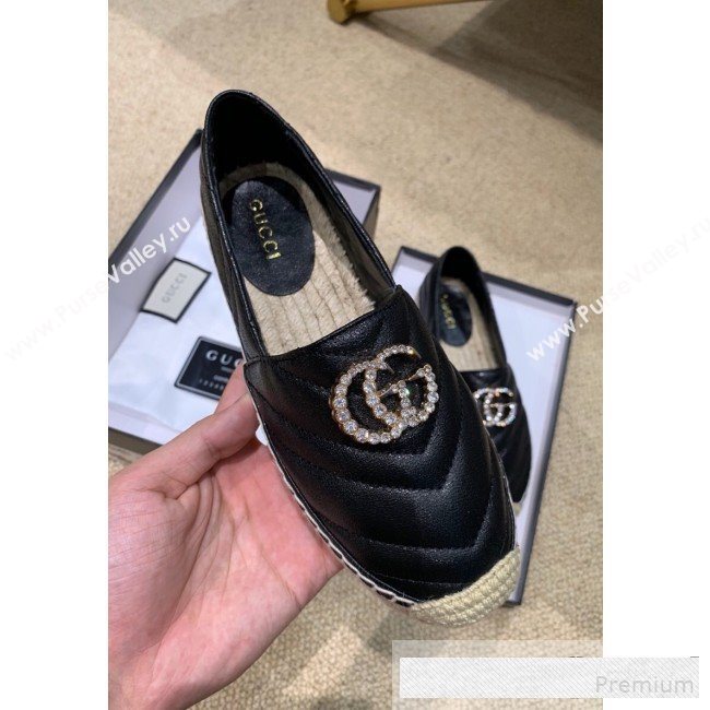 Gucci Chevron Lambskin Espadrille with Double Crystal G Black 2019 (HANB-9061268)