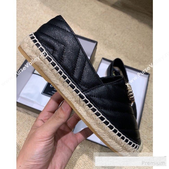 Gucci Chevron Lambskin Espadrille with Double Crystal G Black 2019 (HANB-9061268)