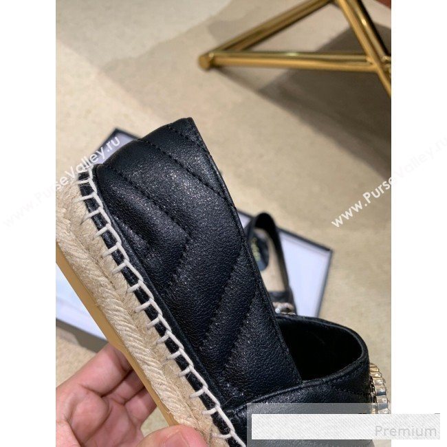 Gucci Chevron Lambskin Espadrille with Double Crystal G Black 2019 (HANB-9061268)