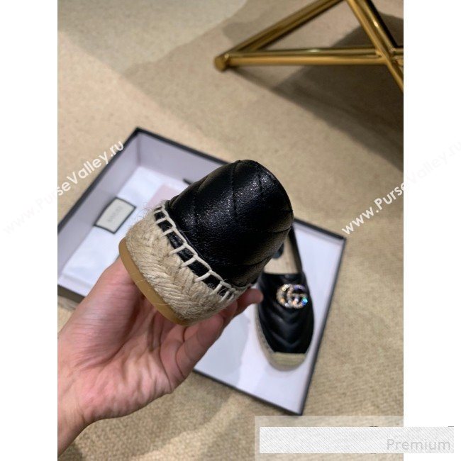 Gucci Chevron Lambskin Espadrille with Double Crystal G Black 2019 (HANB-9061268)