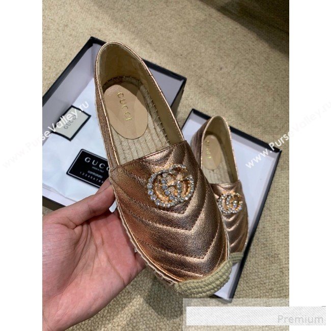 Gucci Chevron Lambskin Espadrille with Double Crystal G Bronze Gold 2019 (HANB-9061270)