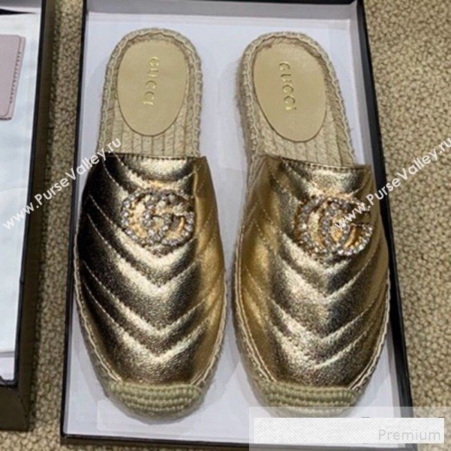 Gucci Chevron Lambskin Espadrille Slipper Mules with Double Crystal G Gold Yellow 2019 (HANB-9061271)