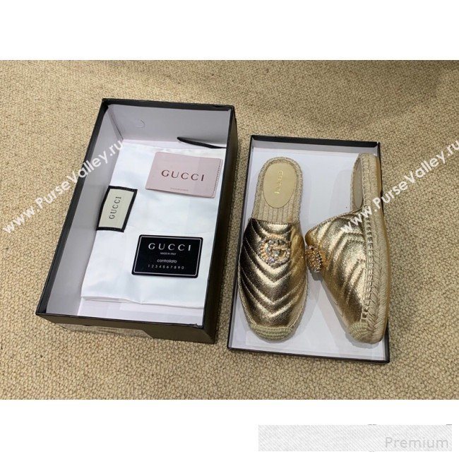 Gucci Chevron Lambskin Espadrille Slipper Mules with Double Crystal G Gold Yellow 2019 (HANB-9061271)