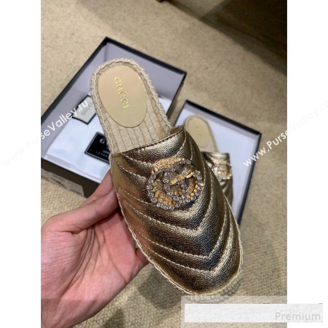 Gucci Chevron Lambskin Espadrille Slipper Mules with Double Crystal G Gold Yellow 2019 (HANB-9061271)