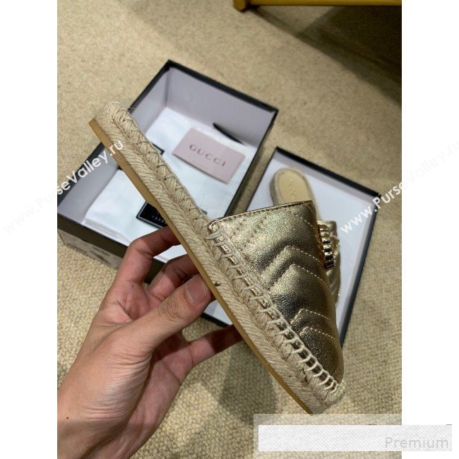 Gucci Chevron Lambskin Espadrille Slipper Mules with Double Crystal G Gold Yellow 2019 (HANB-9061271)