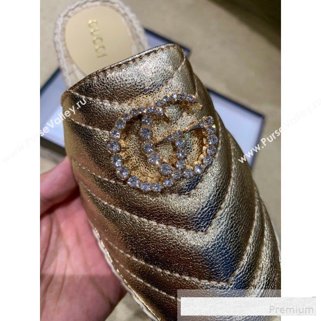 Gucci Chevron Lambskin Espadrille Slipper Mules with Double Crystal G Gold Yellow 2019 (HANB-9061271)